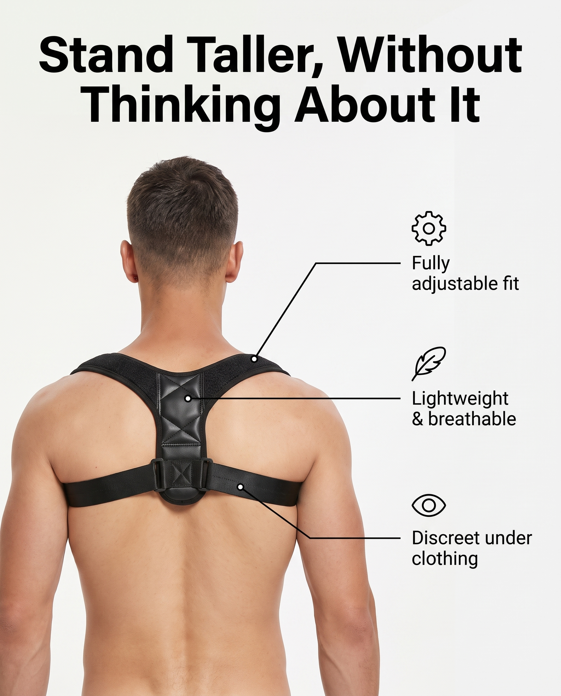 Adjustable posture corrector - stand taller, without thinking about it - hero image with feature callouts