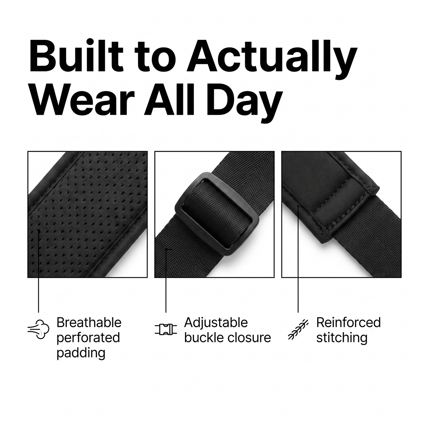 Posture corrector material and build breakdown - breathable padding, adjustable buckle, reinforced stitching