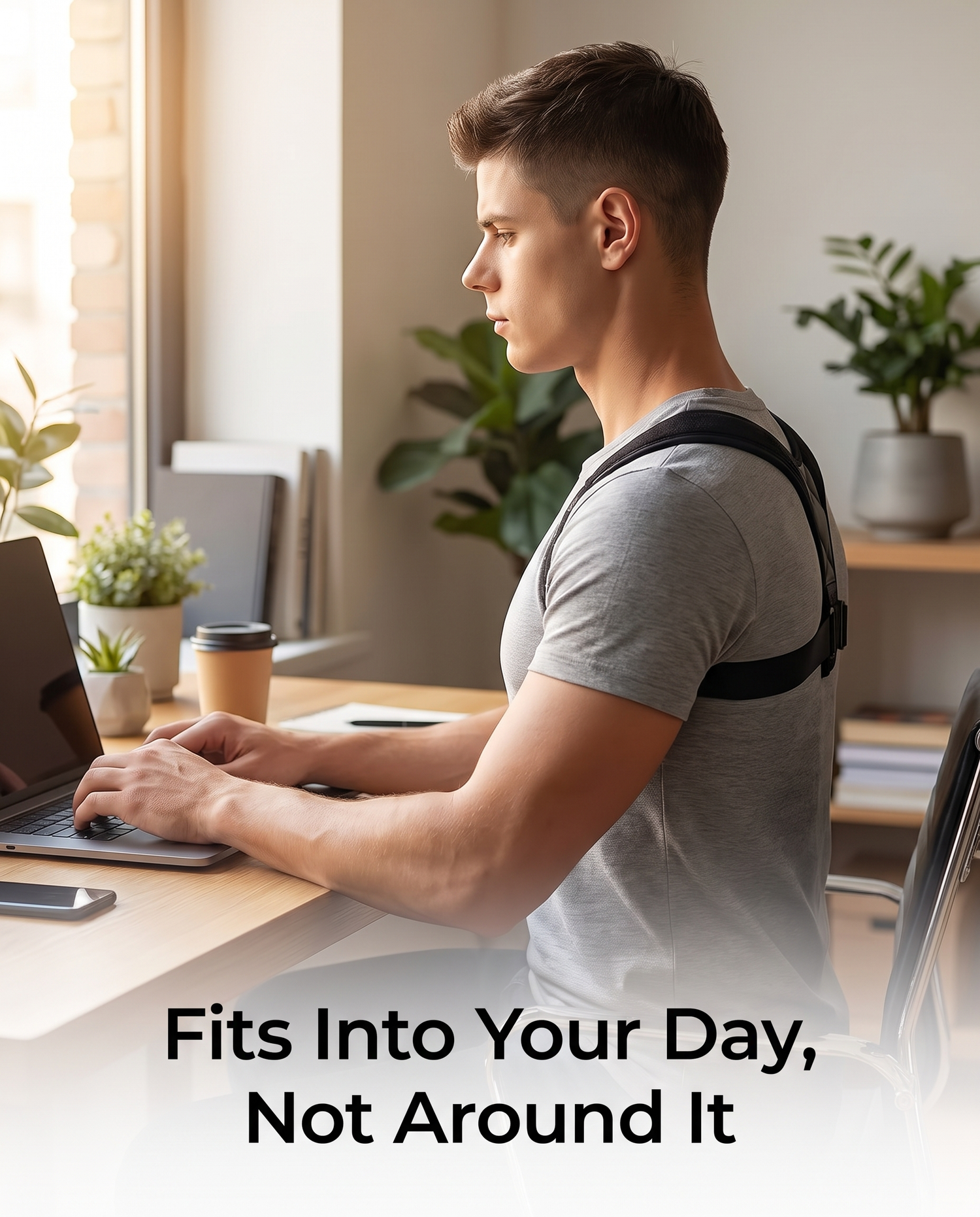 Posture corrector lifestyle photo - fits into your day, not around it